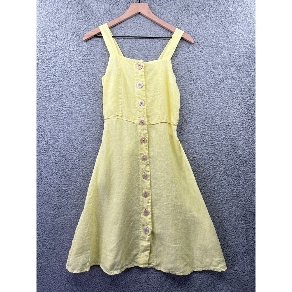 SAKS FIFTH AVENUE Dress Womens S Small Yellow Linen Button Up Knee Length Midi